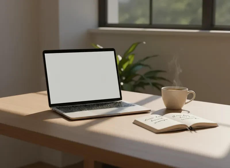 שולחן עבודה מסודר עם מחשב נייד ומחברת